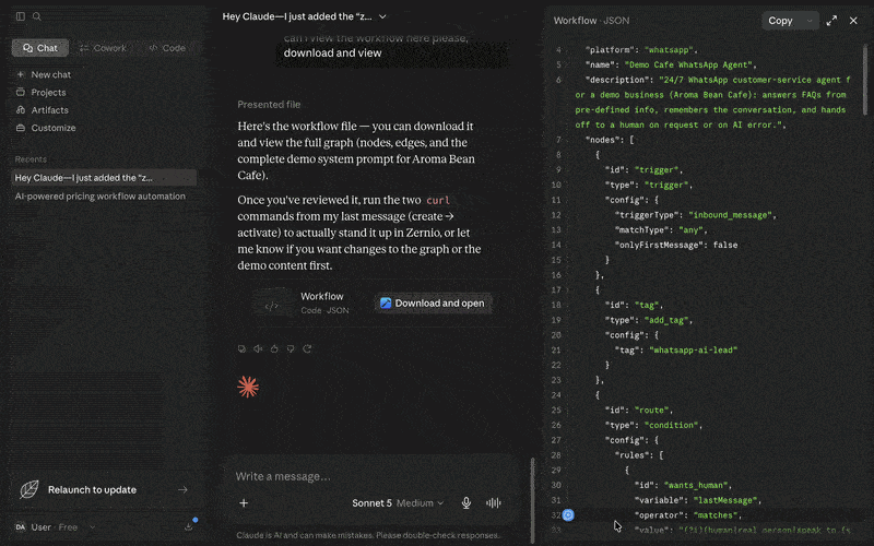 generate whatsapp workflow with claude